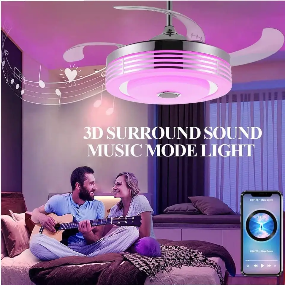 Retractable Ceiling Fan With Light And Speaker 7 Changing Color Led Fan Chandelier With Remote