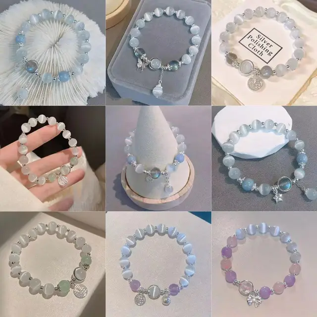 105 Fashion Jewelry Stone Beaded Elastic Charm Bracelets Blue Opal Butterfly Moonlight Bracelets for Women