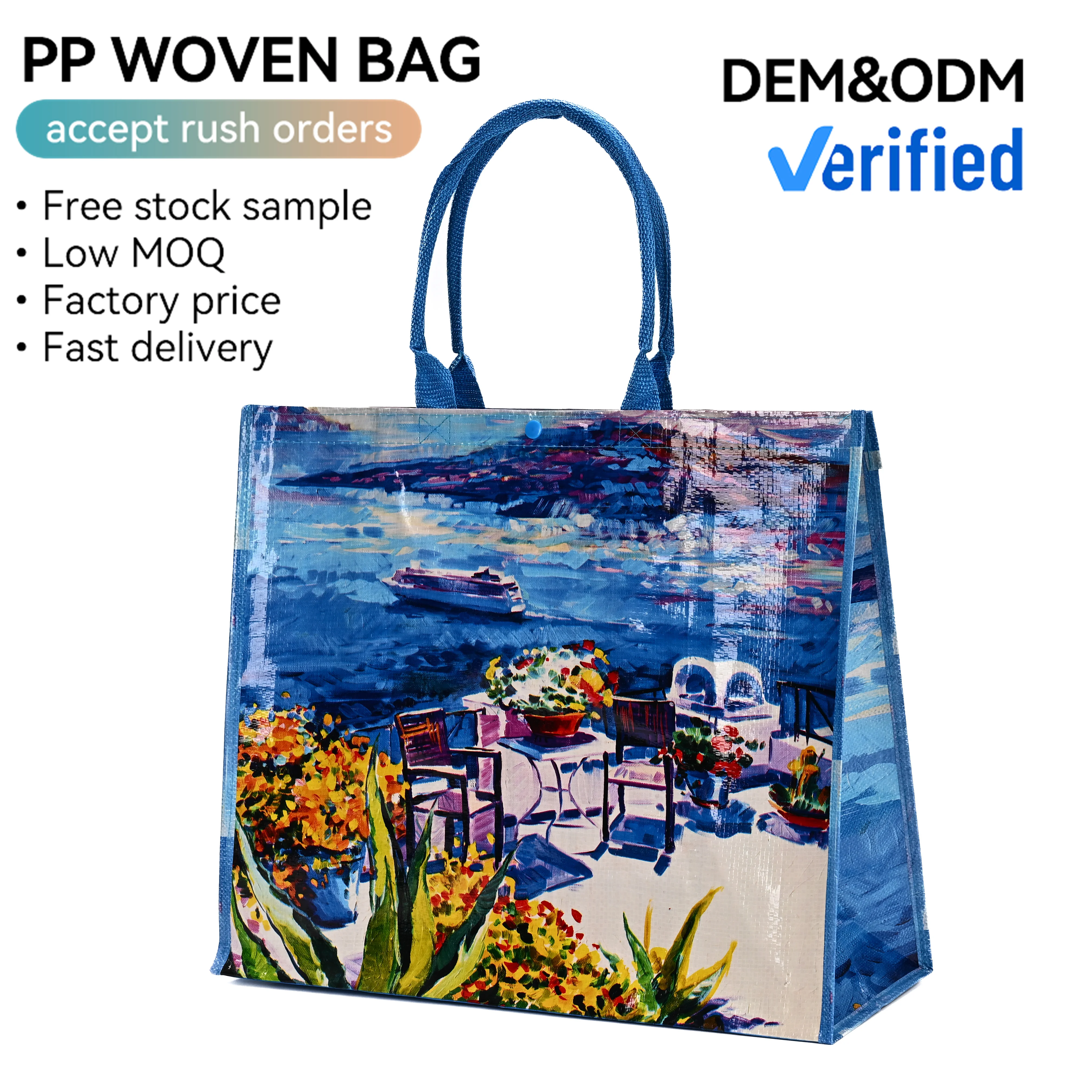 Artistic Mediterranean Seascape RPET Woven Laminated Tote Bag for Travel Souvenirs and Daily Shopping