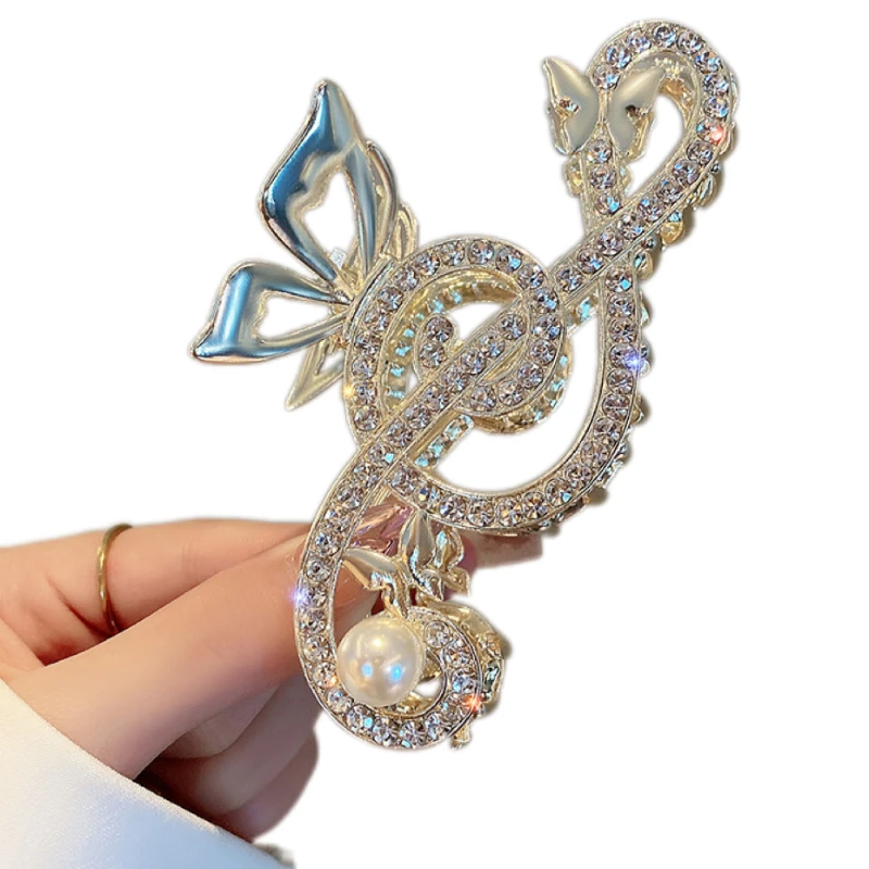 Notes Music Hair Claw Elegant Shark Clip Girl\'s Ponytail Claw Vintage Elegant Rhinestone Pearl Note Hair Clip Luxury Clef  main image 2
