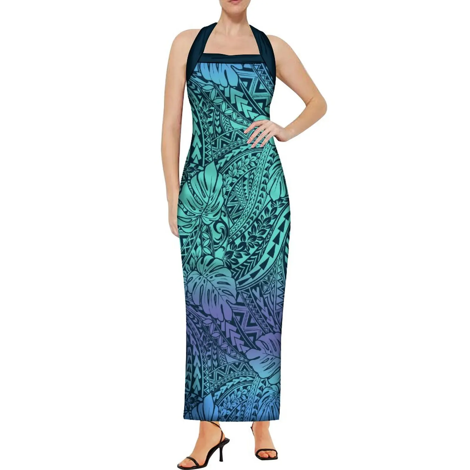 Wholesale Custom Halter Sleeveless Sheath Dress Summer Long Hawaiian Dress  Big Size Club Party Dresses Women Polynesian Clothing