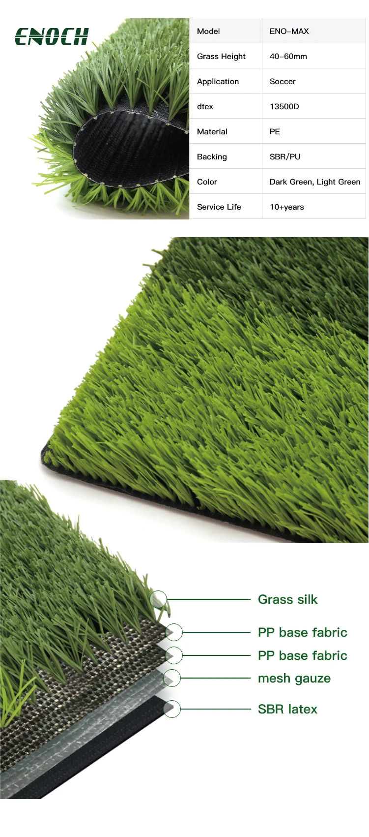 FIFA Quality Pro Certified Artificial Soccer Grass with 40-60 mm Pile Height and 8-Year Lifespan for Professional Fields