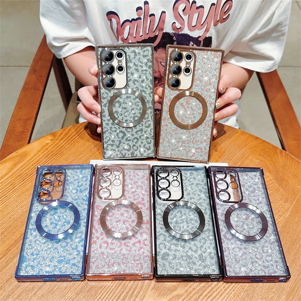 Cubierta magnética clara de lujo para Samsung Galaxy S24+ S24 Fe S23+ S23 S22 Ultra 5G brillo bling funda suave de TPU  