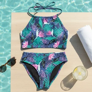 OEM Custom UPF50+ Girls Swimsuits Top Rated High Elastic Tropical Print Adjustable Crew Neck Two-Piece Bikini Breathable Front
