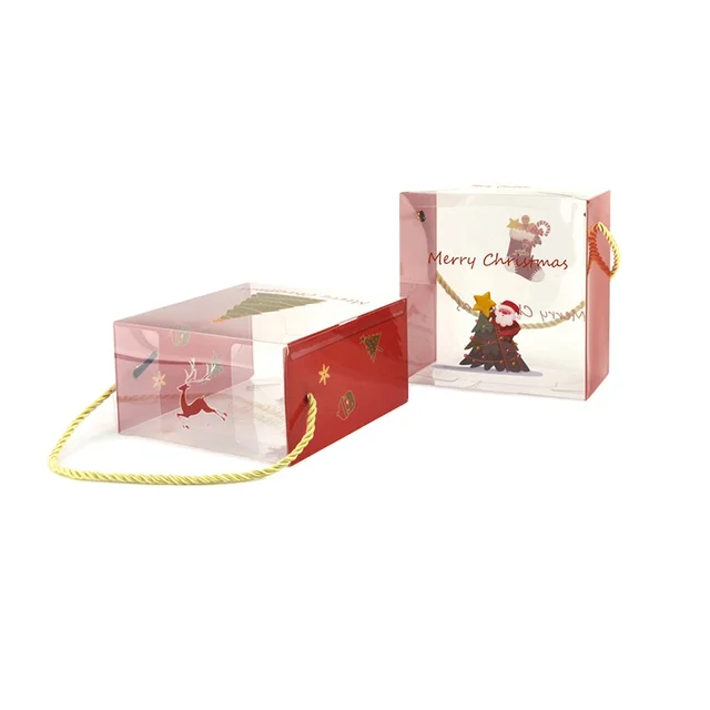 Custom logo Printed christmas gift box transparent Christmas plastic gift box with lid Square clear box with handle