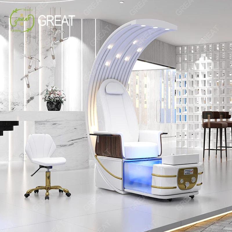Luxury White Nail Salon No Plumbing Foot Spa Chair Electric Adjustable Led  Light Pedicure Spa Chair with logo