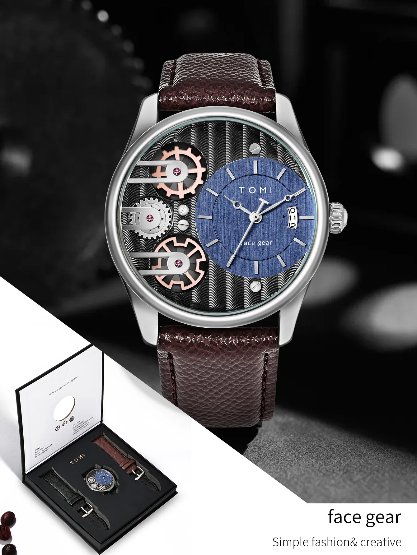 TOMI Men's Quartz Watch - Waterproof Leather Strap, Vintage Style
