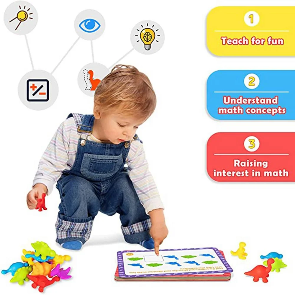 Rainbow Color Counting Soft Rubber Cognitive Sorting Dinosaur Toy Montessori Color Classification Learn Toys with Question Cards
