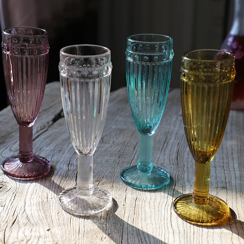 Vintage Amber Ribbed Wine Glasses - Embossed Champagne Flutes for Weddings,  Parties - Colorful Glassware Set of 2
