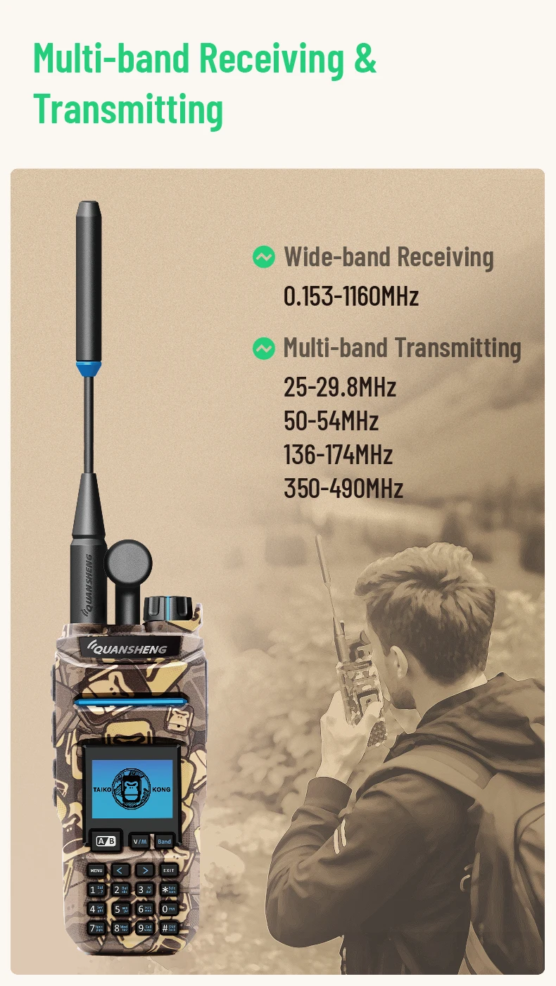 2026 New QUANSHENG TK11 IP Camouflage Analog Two Way Radio with VHF/UHF and 0-10KM Range AM FM ROHS FCC CE