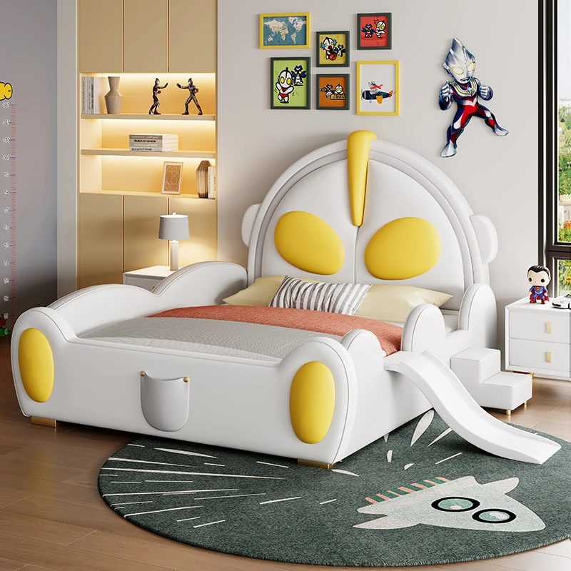 Ultraman Style Bed Solid Wood with Guardrail Soft Cover Headboard Slide Cartoon Castle Boy Leather Bed