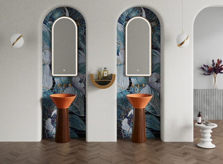 Orange Artificial Stone Wash Basin and Wood Grain Stainless Steel Pedestal Combination Freestanding Bathroom Wash Basin Sink