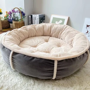 Pet Supplies Wholesale High Standard Customized Faux Fur Warm Cozy round Natural Plush Multi Size Dog Bed for Cats