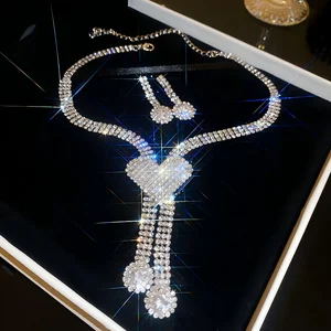 Women's Luxury Diamond Heart Star Butterfly Shaped Rhinestone Drop Pendant Necklace Earrings Designer Inspired Jewelry Sets