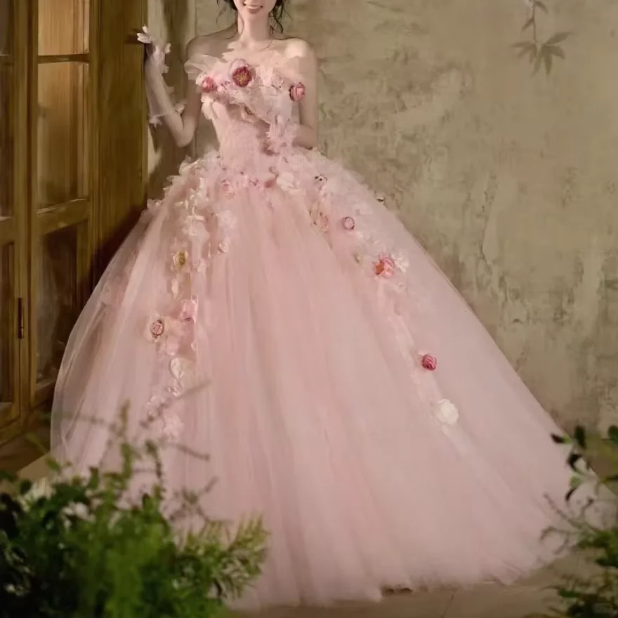 light pink engagement dress S0606y 2026 New Strapless Floral Train High-end Luxury Tulle Dress Evening Dresses US Size:18 W Rare London sequin long LowStock:44091237335091 Pink lehenga or nikkah celebrations Anyone