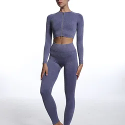 Autumn and winter new seamless sand wash body fitness zipper long sleeve sports tight running yoga set