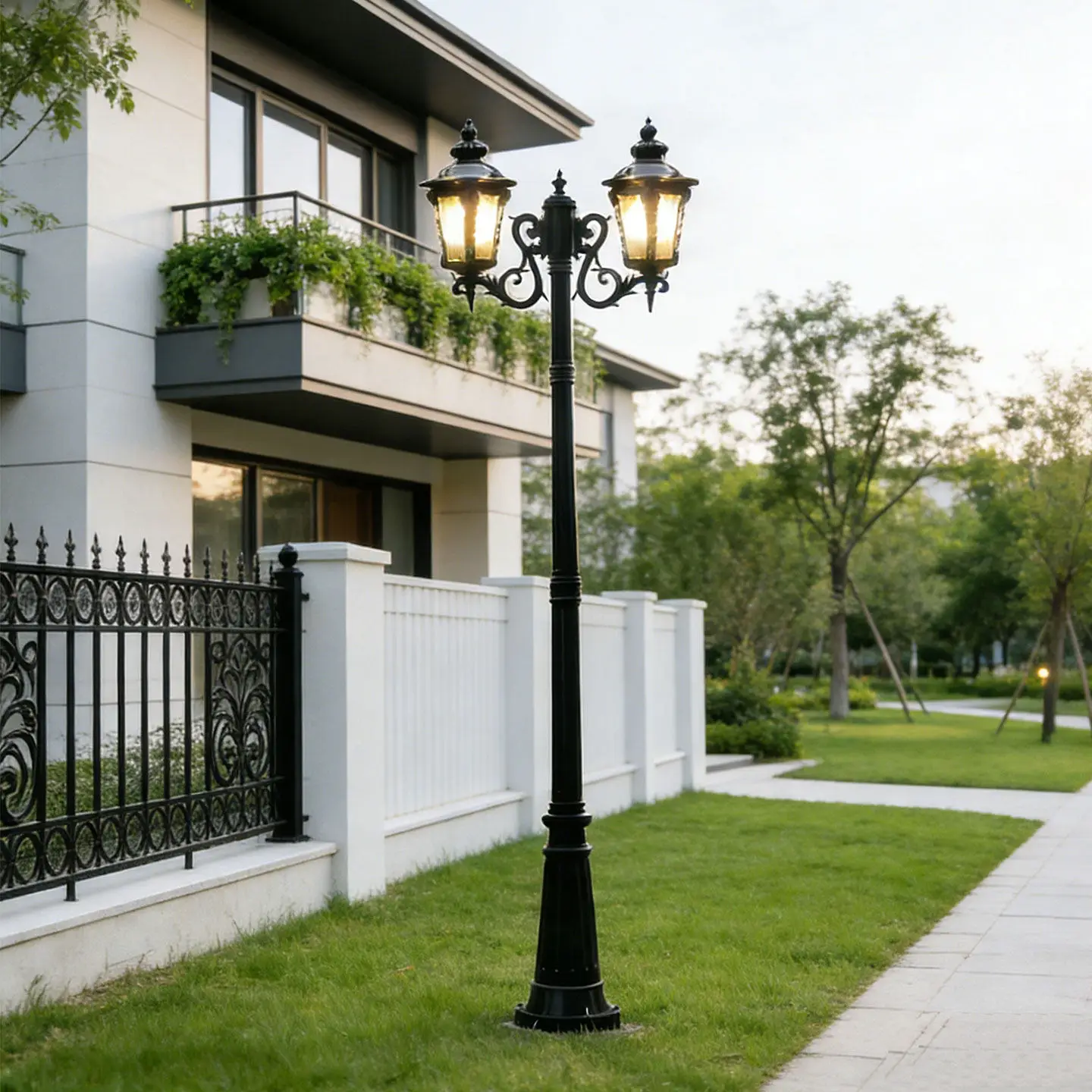 European Style Retro Double Head Courtyard Street Light Outdoor Waterproof LED Landscape Villa Garden High Pole Aluminum 3000