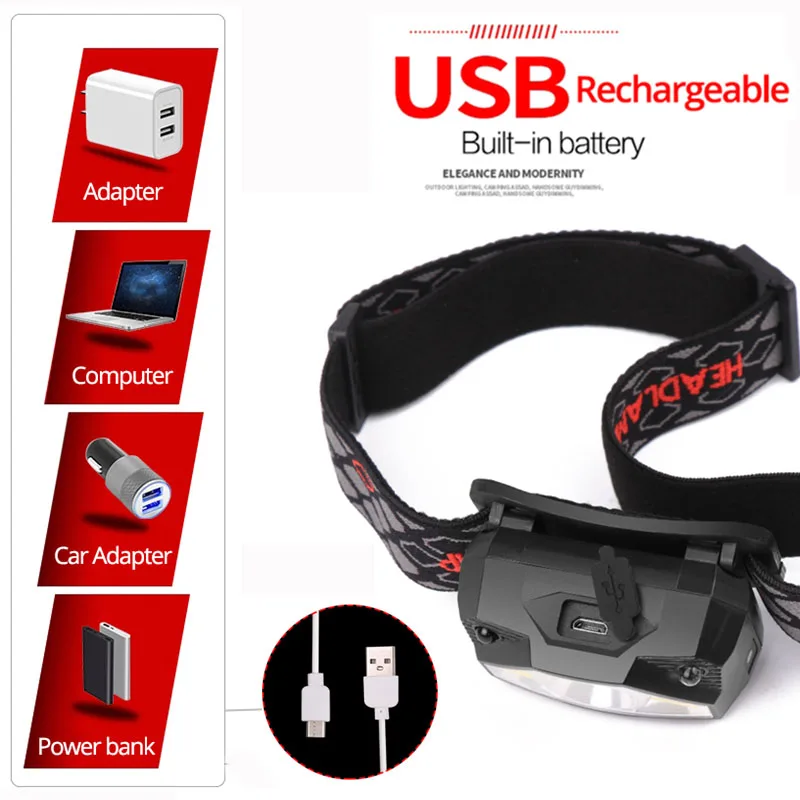 USB Rechargeable LED Headlamp Most Powerful Waterproof ABS Body Head Torch Flashlight for Camping Hiking Sensor Head Light