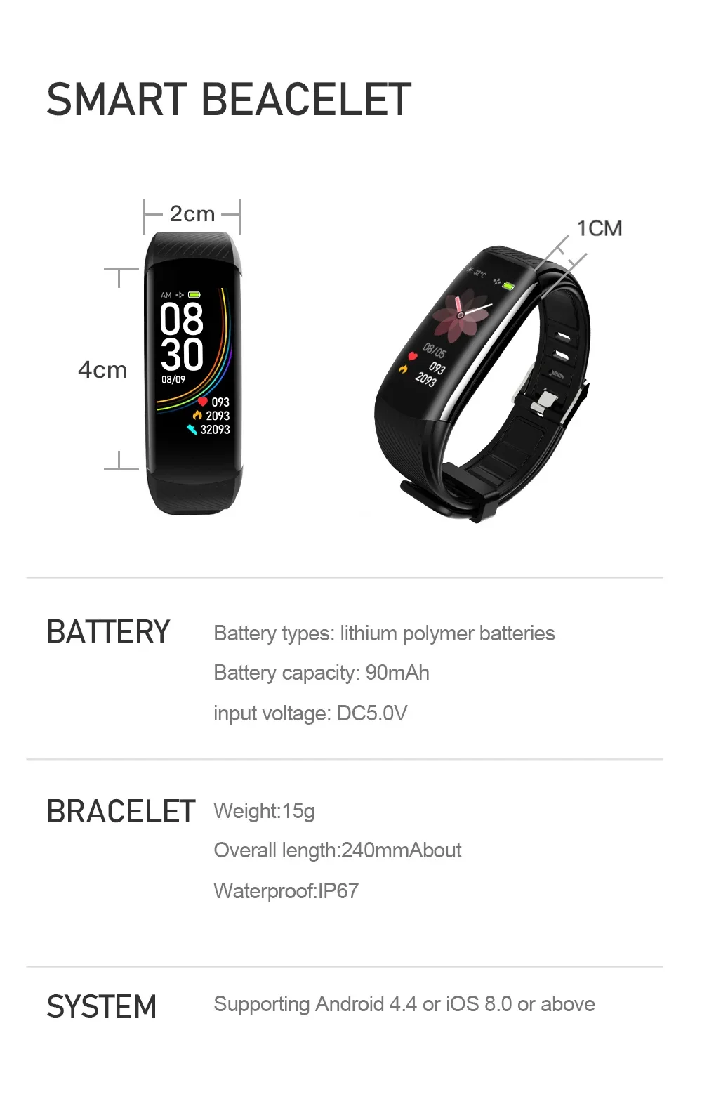 CY-C6S Android Smart Square Plastic Silicone Band Alarm Clock 7-14 Days Battery Life IP67 Waterproof APP Remote Control Sports