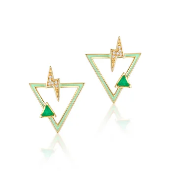 Sterling silver gold lightning bolt double enamel triangle green onyx stud earrings