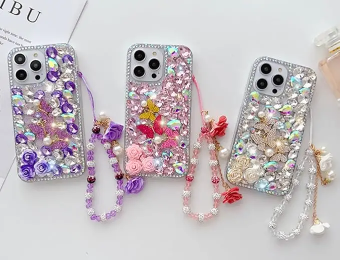 Laudtec Bling Diamond Flower Strap Case for iPhone 16 Luxury Bling Diamond Rhinestone Butterfly and Rose Flower Gemstone Case details