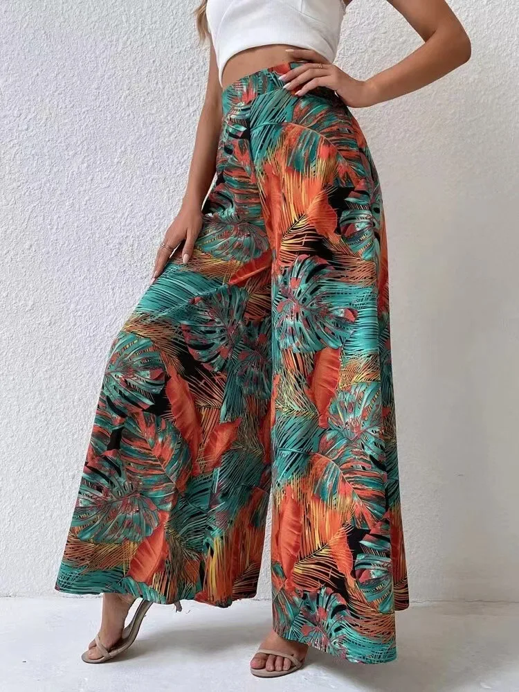 Chic Summer High Waist Pleated Floral Chiffon Beach Pants for Women