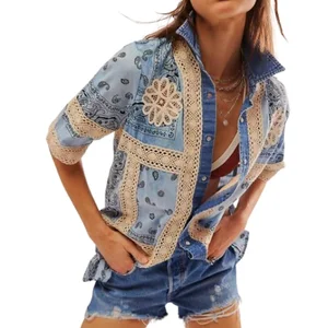 OEM Fashionable Floral Print Shirt Spring and Summer Women's Top Shirt Denim Collared Lace Trim Street Wear Shirts