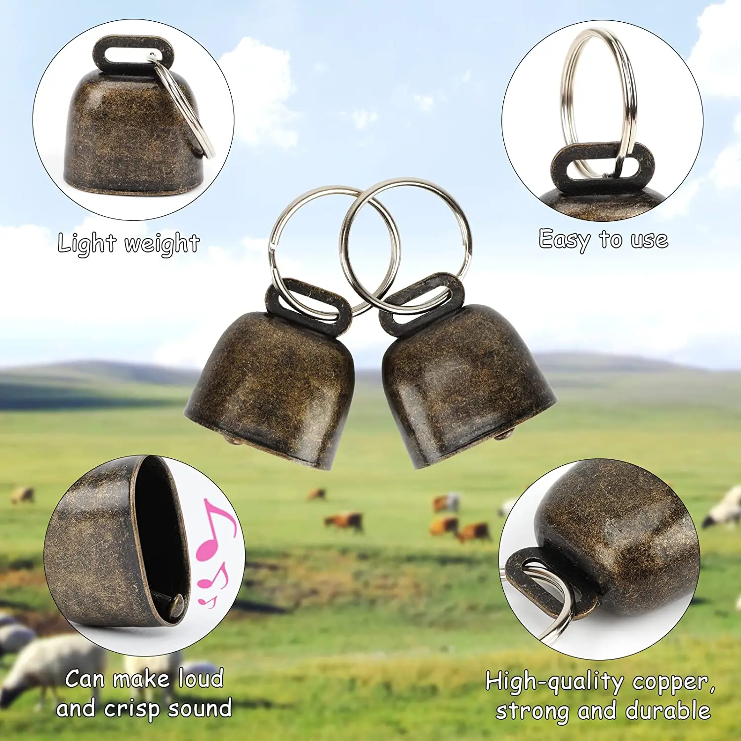 Ensemble de collier de chèvre réglable avec cloche, cloches en cuivre de pâturage, collier en nylon, petit animal de ferme, mouton, vache, animal de compagnie, vert, 3 paquets  15