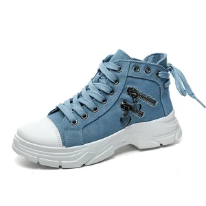W2560 Women's High-Top Canvas Shoes with Decorative Zipper Breathable High-Heeled Sports and Leisure Shoes for Summer