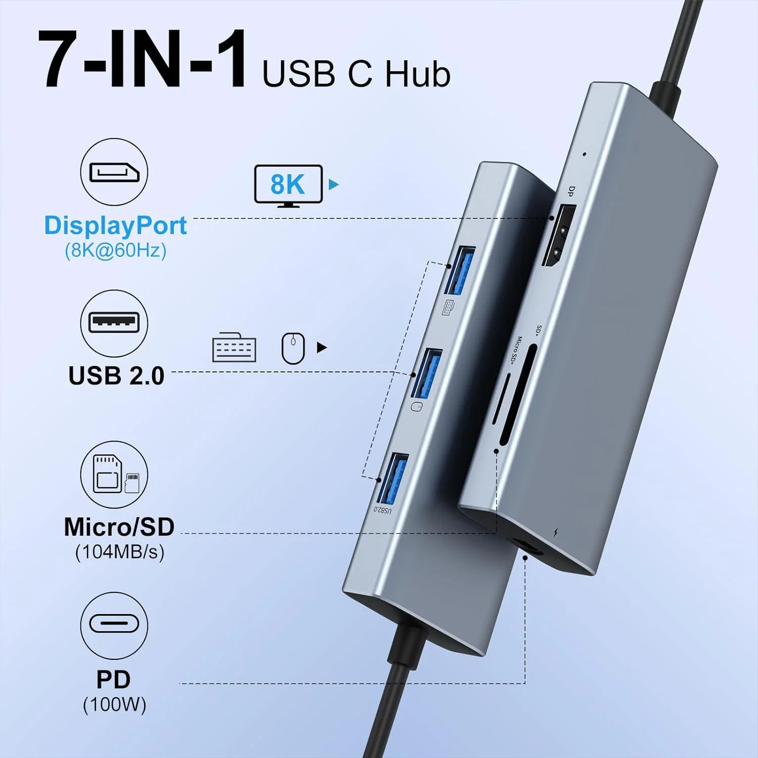 USB C to DisplayPort Adapter DP 8K@60Hz 4K@144Hz2K@240Hz USB C Dongle 7 in 1 with PD Charging 3 USB card reader for Steam Deck