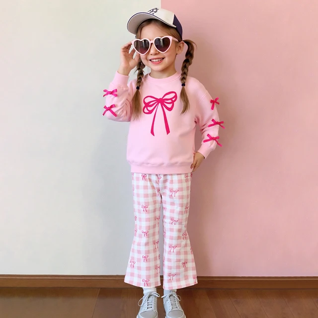 Children Girls Clothing Set Long Sleeve Sweatshirt and Legging Cartoon Bowknot Pattern Autumn Sweet Outfit for 2-7Y