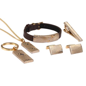 High Quality Damascus Steel Jewelry Rings Bracelets Cufflinks Tie Clip Pendant Keychain Set Yellow Gold Plated Jewelry Men