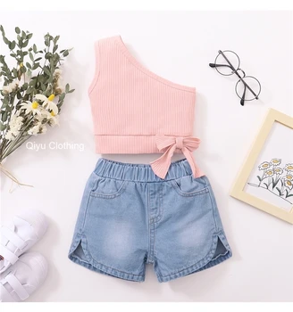 Summer Fashion Baby Girls Clothing Sets Solid Color One Shoulder Knit Vest Tops Blue Denim Shorts 2PCS Little Girl Clothes