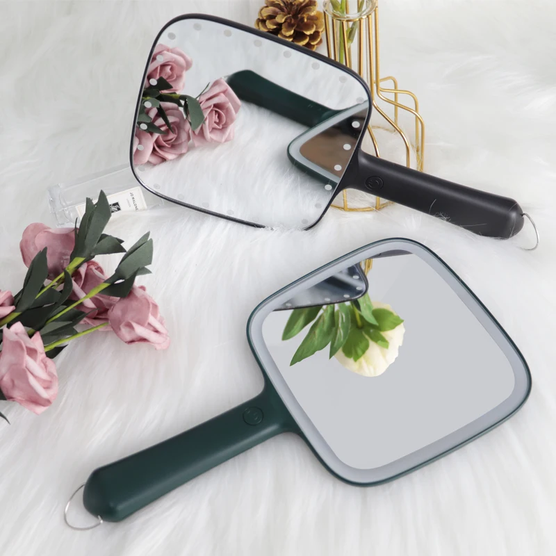 Красота Портативный Ручной Логотип Пользовательский компактный макияж светодиодный свет маленькая ручная ручка ручное зеркало с подсветкой