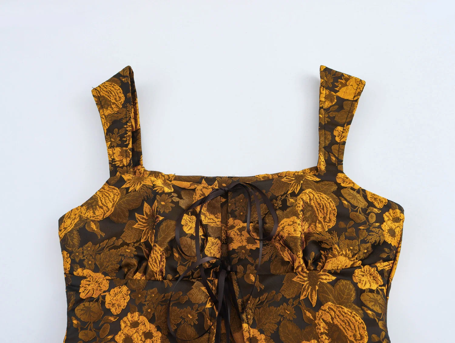 Shoulder Strap Front Lace up Floral Print Yellow Color Casual