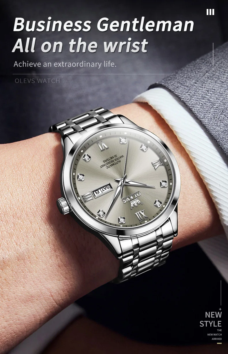 OLEVS 9946 Classic Stainless Steel Material Automatic Movement Dual Calendar Diamond Gold Dial Mechanical for Men Luminous Watch