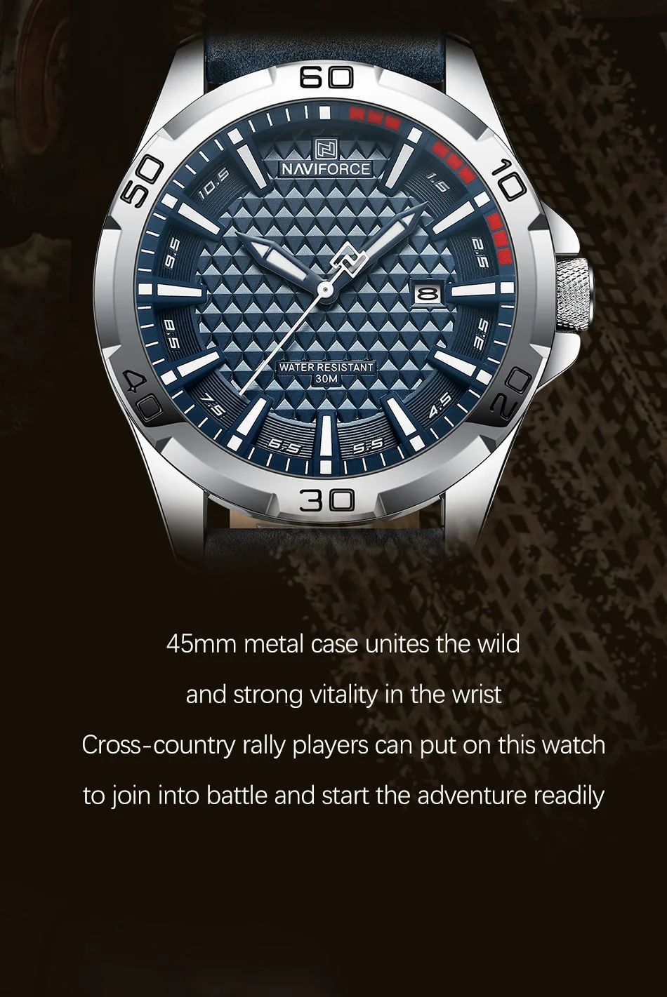 NAVIFORCE 8023 Men Wristwatch Top Brand Luxury Waterproof Watch Blue Genuine Leather Sport Quartz Original Male Clock