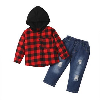 Fashion Two Piece Neutral Boy Toddler Kids Hoodie Plaid Printed Coat and Jeans Clothes Sets Autumn Wholesale