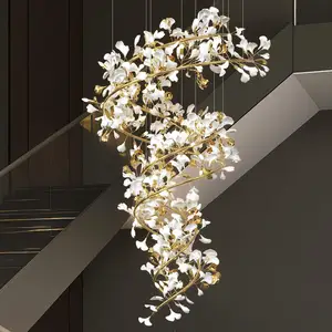 Custom Flower Pendant Light Hotel Villa Lobby Staircase Decoration Modern Long Ceramic Ginkgo Leaf Chandelier