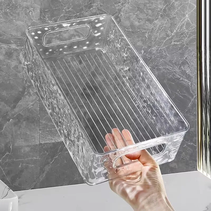 Vente en gros d’organiseurs de cosmétiques modernes et écologiques pour salle de bain, bacs de rangement empilables en PET transparent, en plastique, avec logo personnalisé, multifonctionnels