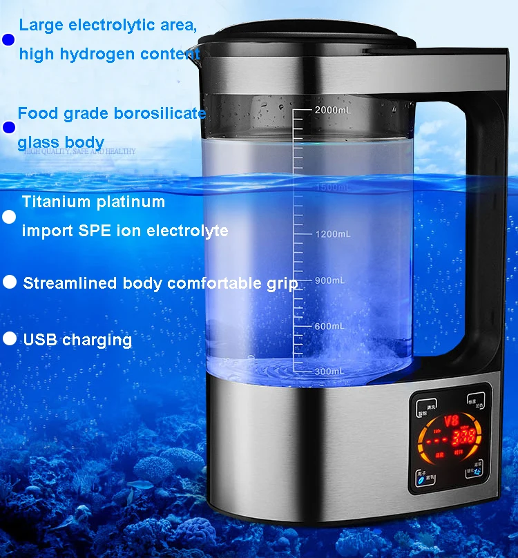 Генератор водорода с активным наполнением объемом 2 л, ионизатор электролиза воды, кувшин для создания щелочной воды Pure H2