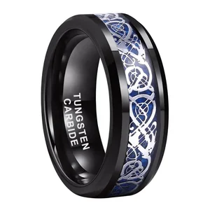 Coolstyle Jewelry 8mm Carbon Fiber Dragon Inlay Black Tungsten Ring for Men Women Trendy Engagement Wedding Band Comfort Fit