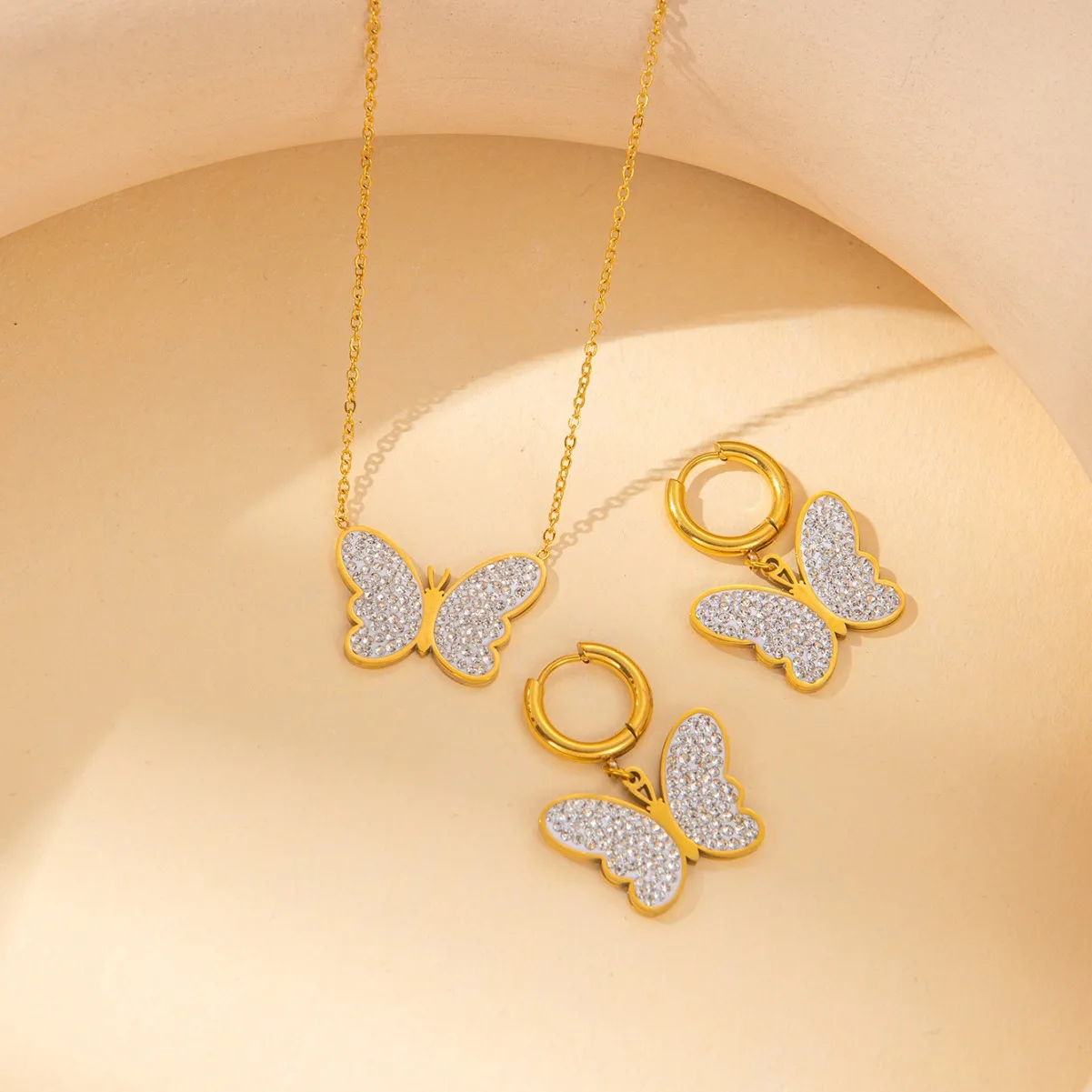 New Butterfly Jewelry Set 18K Gold Plated Stainless Steel Necklace 