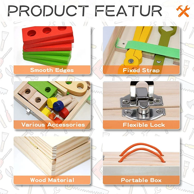 Joydom Wooden Tool Set for Kids, Wooden Tool Box with Colorful Tools, Creative DIY Wooden Toys Educational Construction for Todd