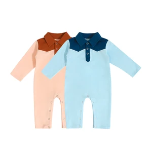 Soft 95%Cotton Infant Long-Sleeve Peter Pan Collar Rompers with Color Block & Snap Buttons for Daily Wear