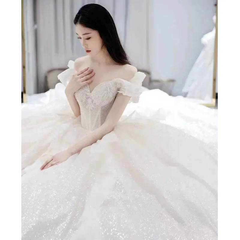 Новинка 2021 темпераментная фантазия звездное небо на одно плечо во французском стиле Высокая талия для беременных женщин свадебное платье со шлейфом для невесты