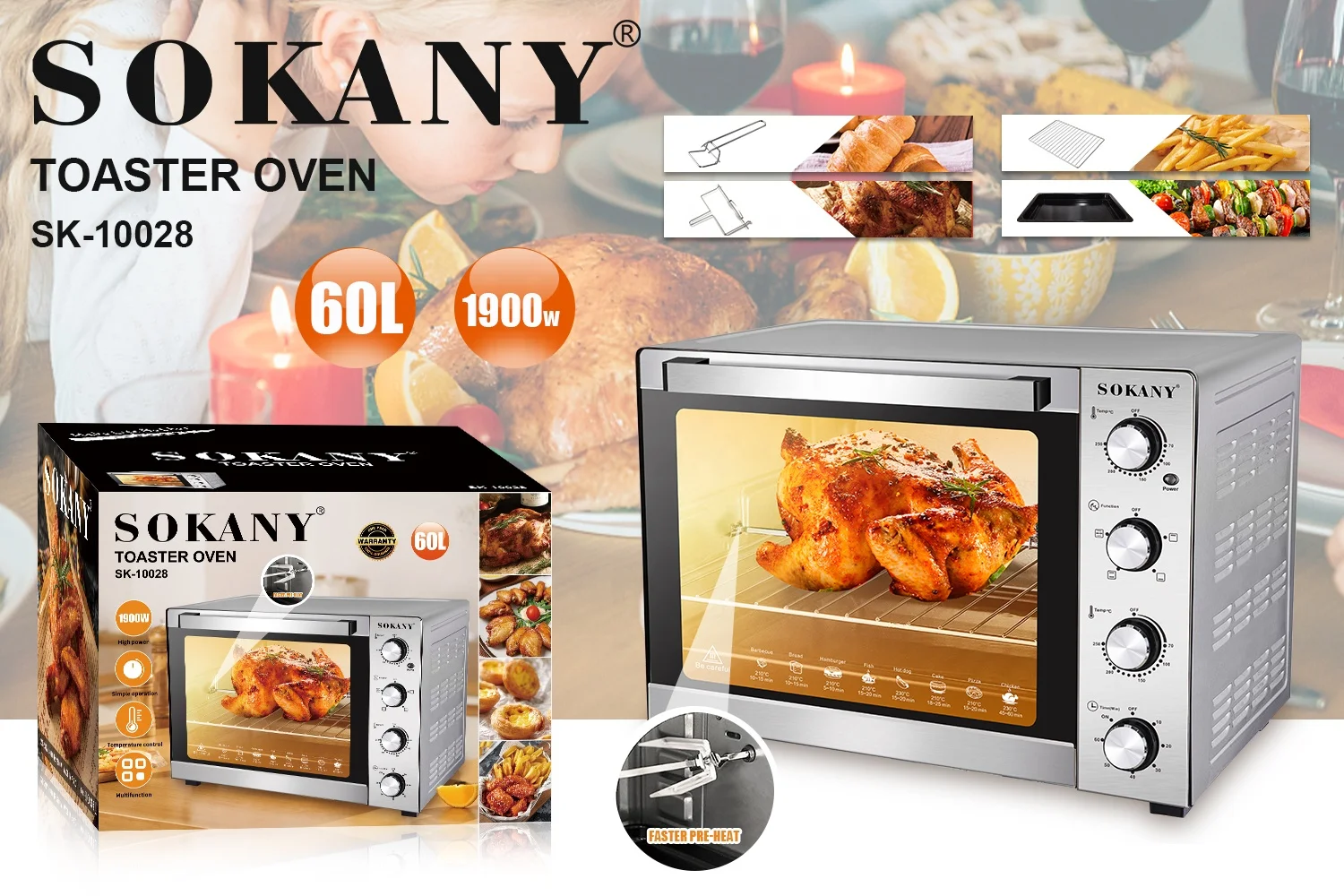 Sokany 10028 Intelligent 60L Capacity Countertop Oven Household Electric Appliance Carbon Steel Battery 220V English Small Oven