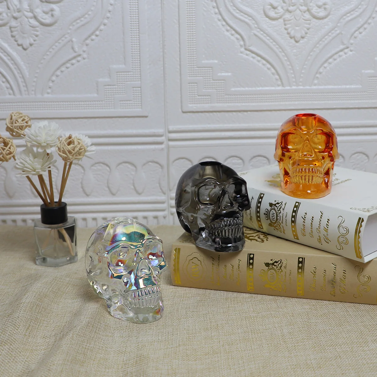 Creative skull glass votive candle holder crystal glass iridescent colored candle holder stand for taper details