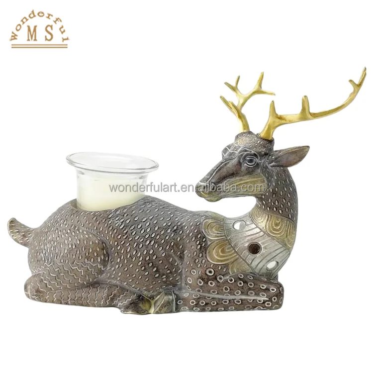 Customized resin poly stone  Animal sika deer horse candle holder gift tea light holder color glazed home desktop decoration