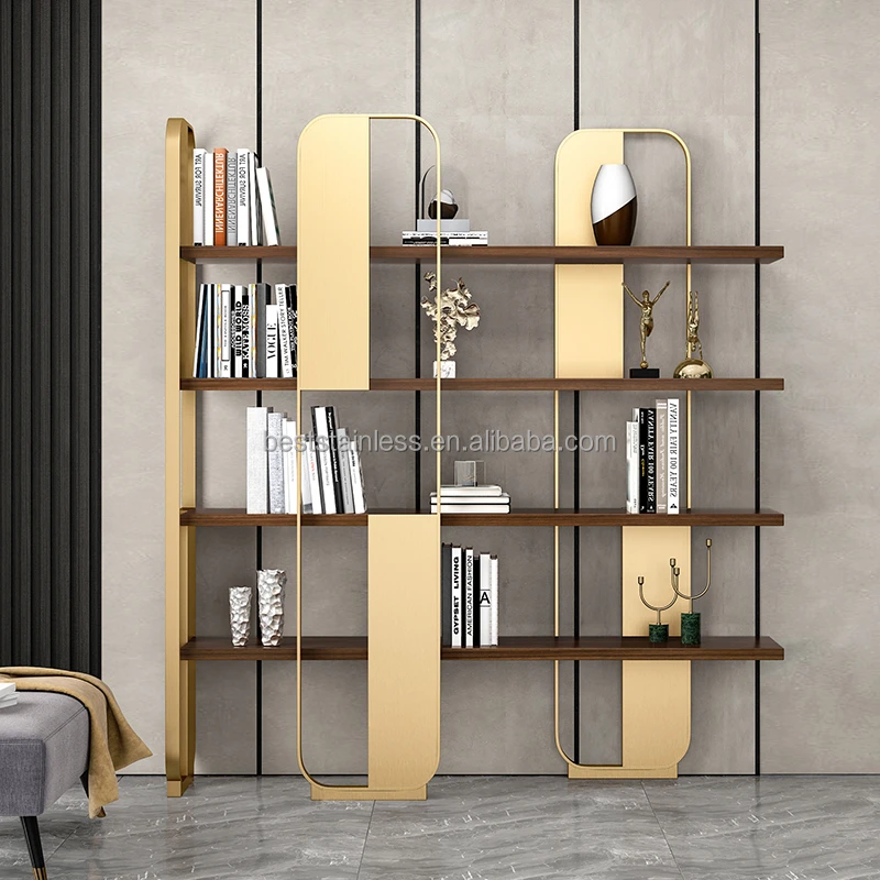 Book Shelves Frame Decoration Bookshelf Tall White Home Office Bookcase Gold Stainless Steel Modern Wooden Case Customized